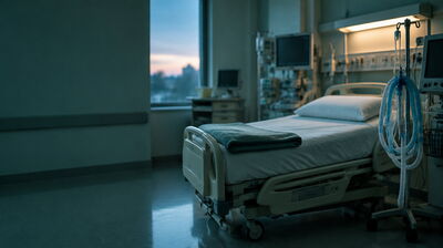 Leeres Intensivpflegezimmer mit Krankenhausbett, medizinischen Monitoren und Beatmungsschläuchen in gedämpfter Beleuchtung.“