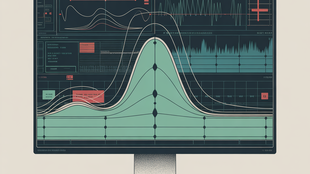 KI generierte Illustration eines Computerbildschirms mit komplexen Datenkurven, Diagrammen und Analyseoberflächen, die Überwachung, Dateninterpretation und systemisches Denken darstellen.