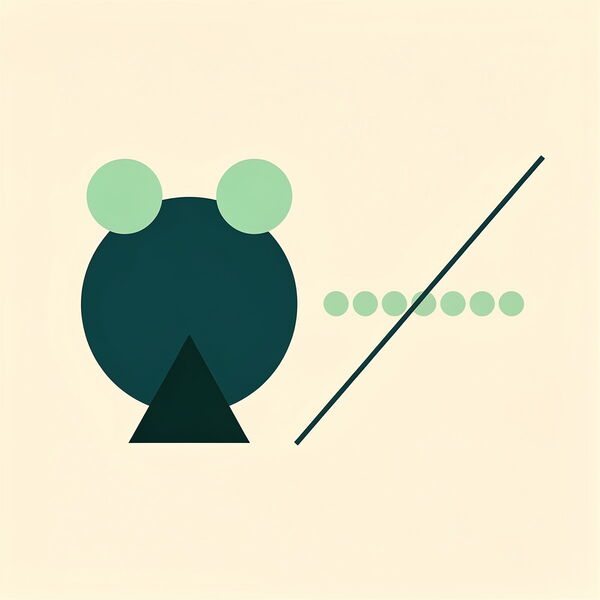 Abstrakte grafische Komposition im Bauhaus-Stil mit Kreisen, einem Dreieck, einer diagonalen Linie und einer Reihe kleiner Punkte in Grün- und Schwarztönen auf hellem Hintergrund.“