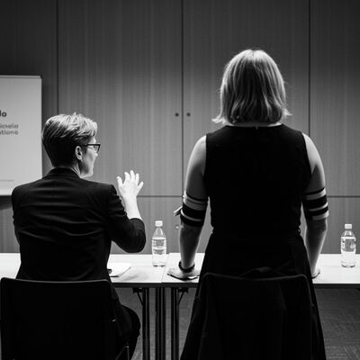 Schwarzweiß-KI-Fotografie von zwei Personen an einem Tisch in einem Konferenzraum, eine Person sitzend gestikulierend, die andere stehend, mit Wasserflaschen auf dem Tisch.