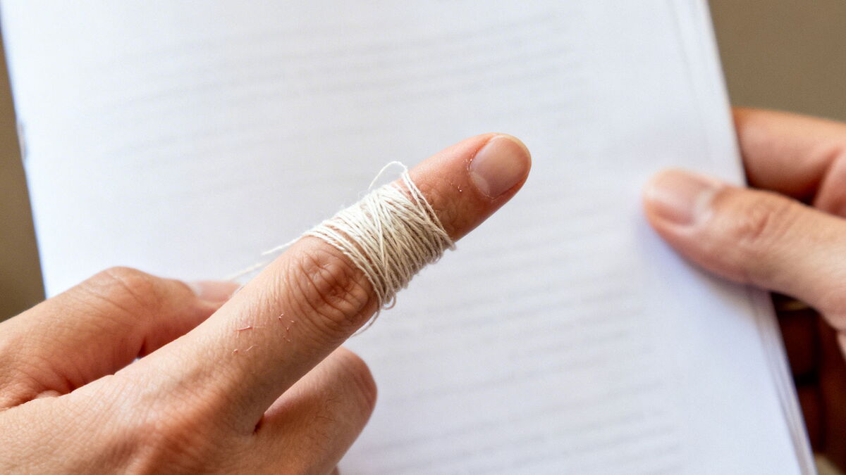 KI generiertes Bild. Hand mit umwickeltem Zeigefinger zeigt auf eine Seite eines gedruckten Dokuments.