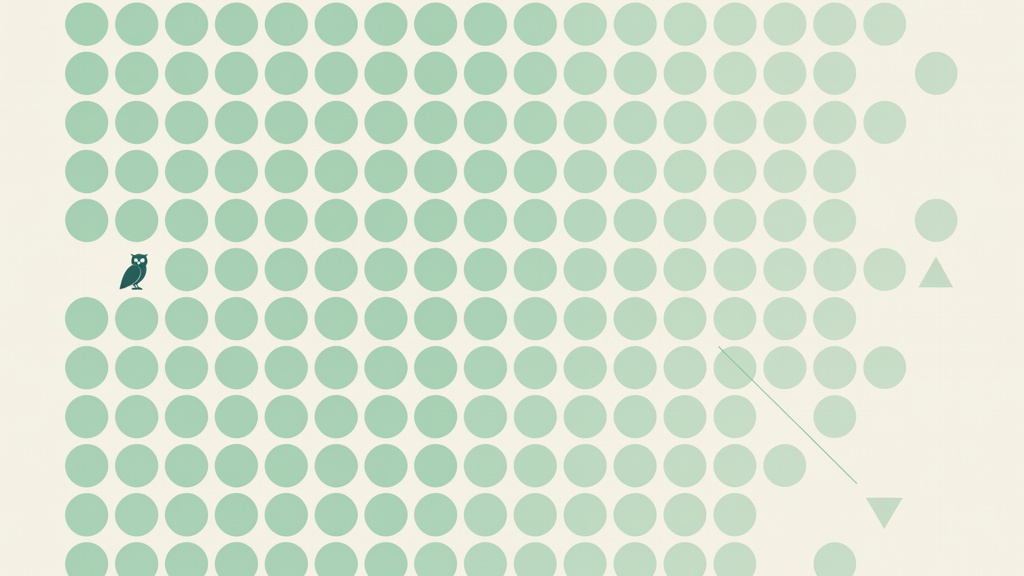 Abstrakte grafische Komposition im Bauhaus-Stil: ein Raster identischer Kreise in Mint, das nach rechts zunehmend verblasst, während eine einzelne dunkelblaugrüne Eulen-Silhouette abseits des Rasters stehen bleibt.