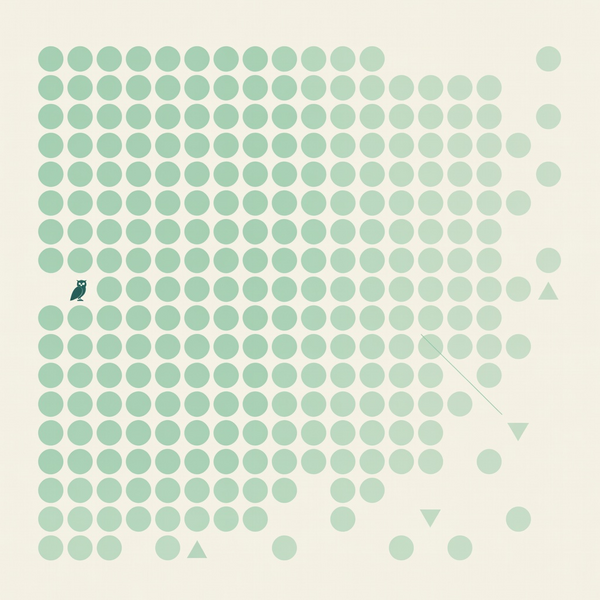 Abstrakte grafische Komposition im Bauhaus-Stil: ein Raster identischer Kreise in Mint, das nach rechts zunehmend verblasst, während eine einzelne dunkelblaugrüne Eulen-Silhouette abseits des Rasters stehen bleibt.